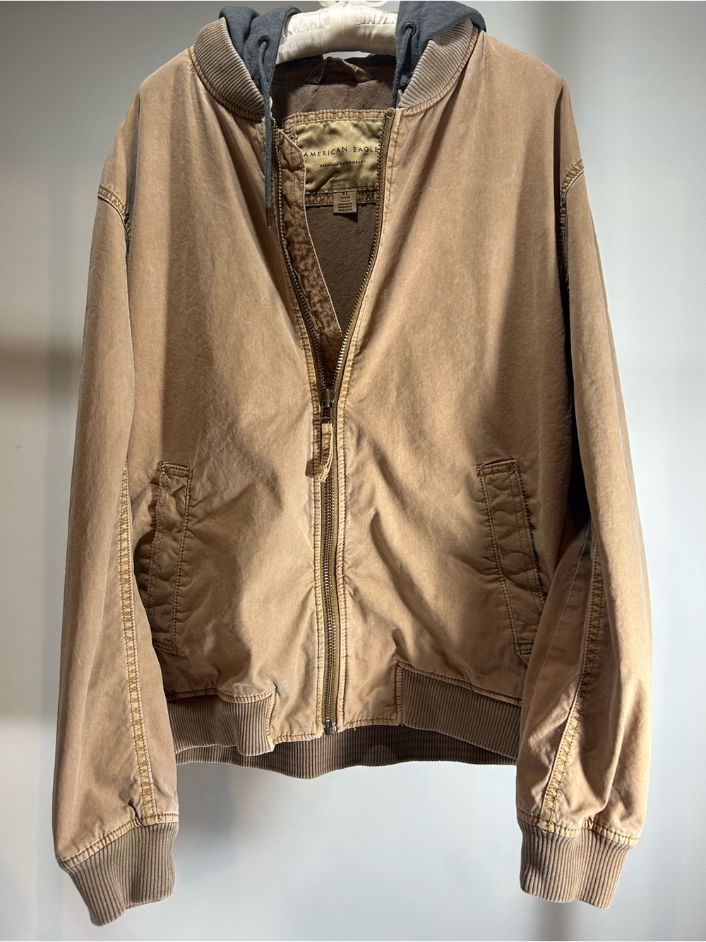 American Eagle Premium Outerwear Tan/Khaki Canvas Bomber Jacket with Hoodie XL